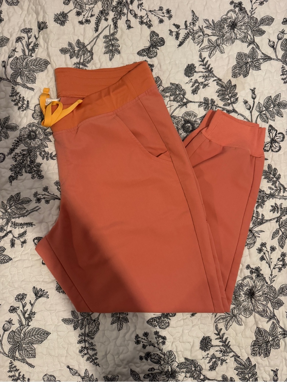 Women Figs Coral Orange Jogger Pants with Yellow Drawstring